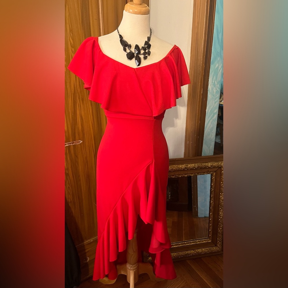 Boohoo Red Asymmetrical Ruffled Sundress